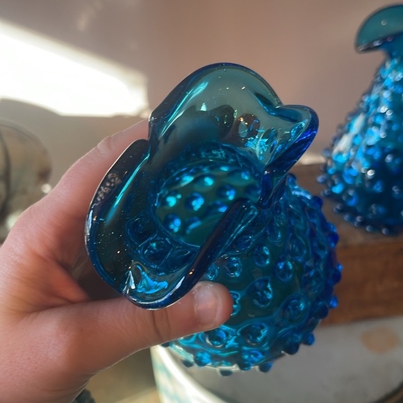 Vintage Azure Blue Toscany Zena Hobnail Art Glass Vases Handmade Pitcher Creamer - Picture 5 of 8